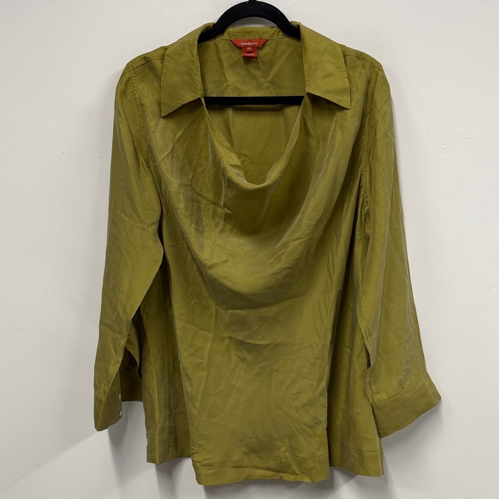 Silk-Blend Olive Green Drape Neck Women’s Top